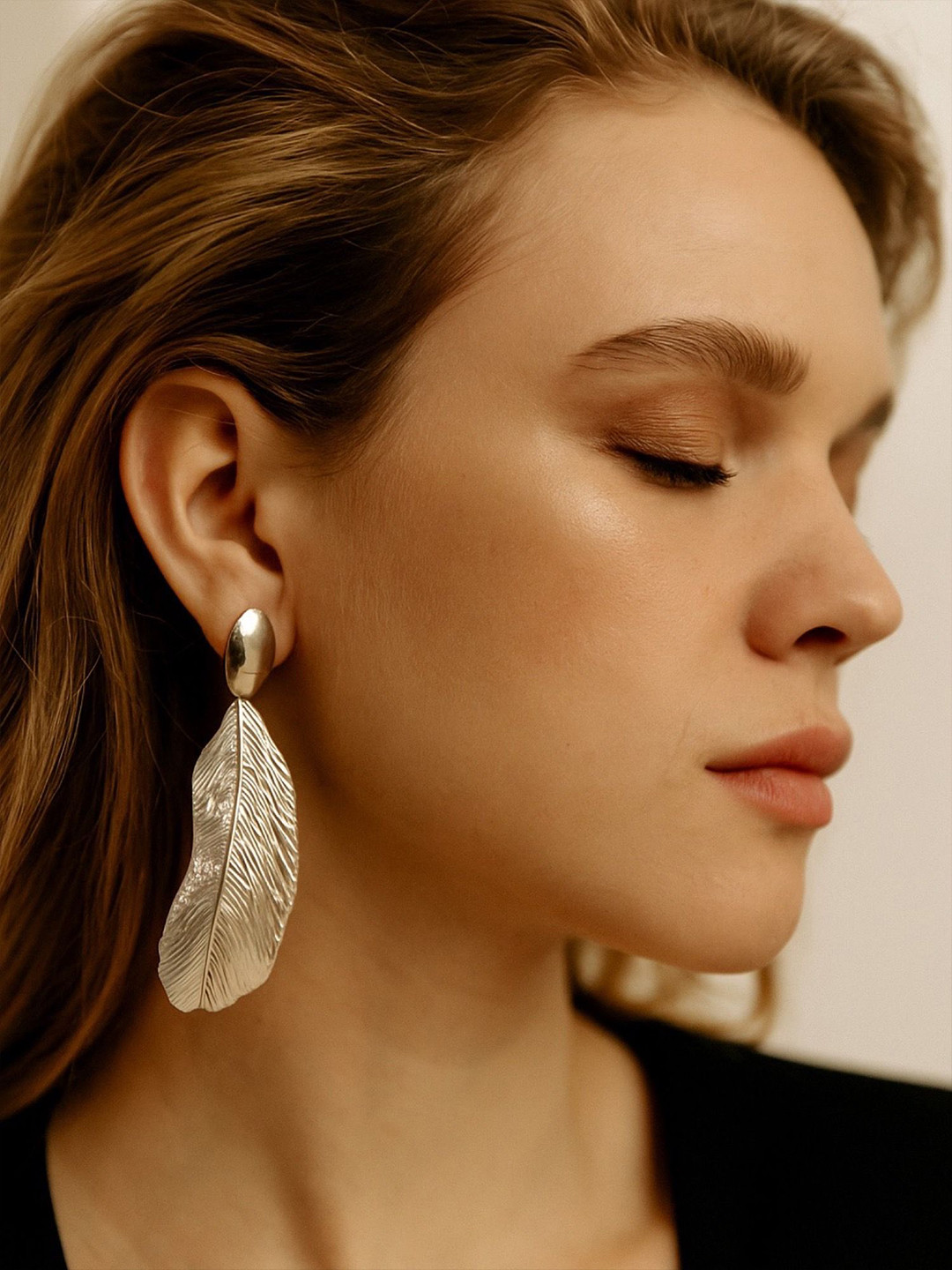 Digital Dress Room Gold-Plated Feather Shaped Drop Earrings