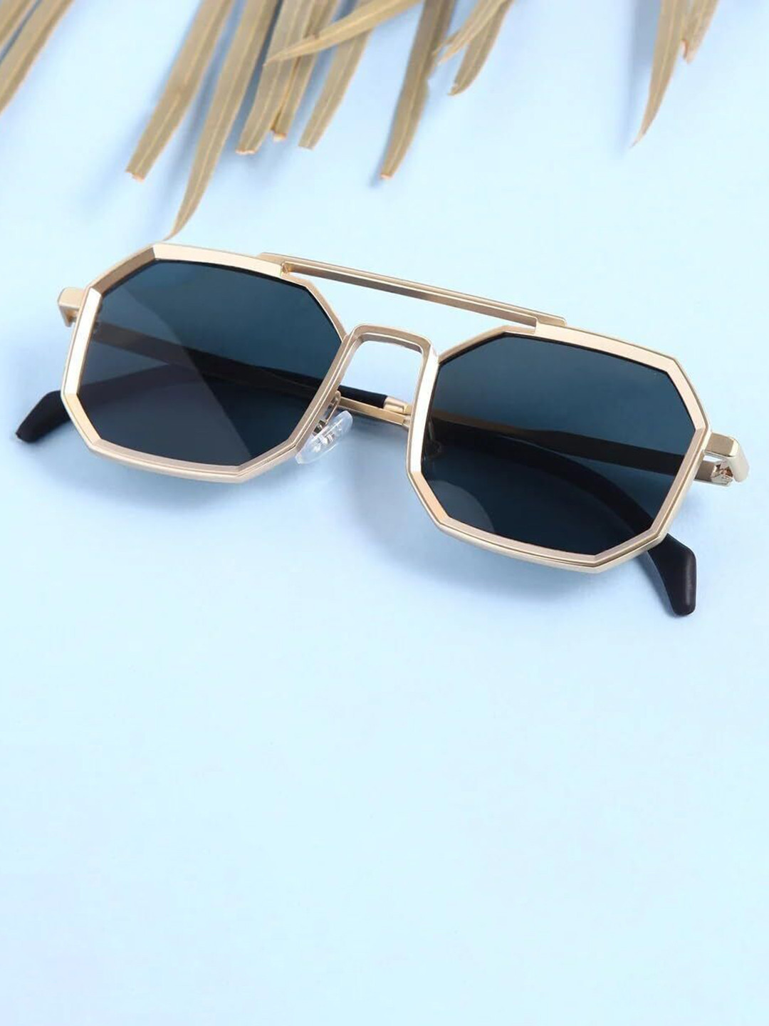 SPADEACES Unisex Full Rim Round Black Lens & Gold-Toned Square Sunglasses