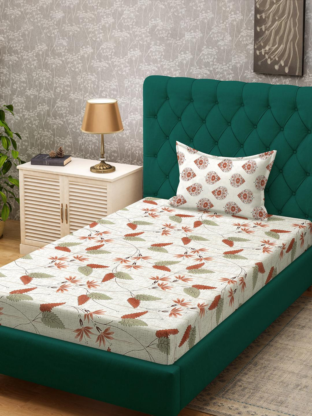 KLOTTHE Beige Floral Cotton Single Bedsheets