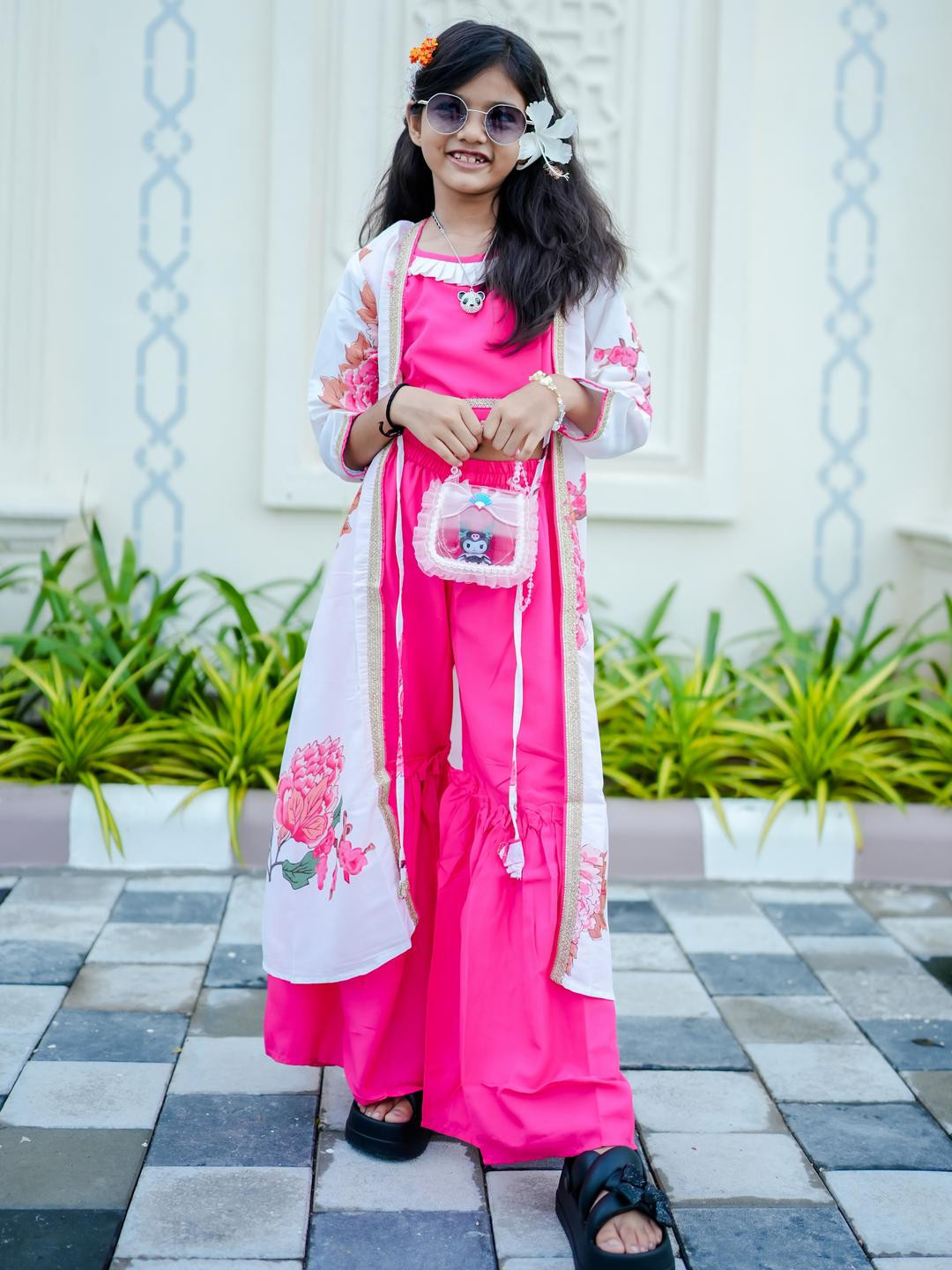 Sangria Girls Pink And White Floral Printed Regular Ethnic Art Silk Top with Sharara