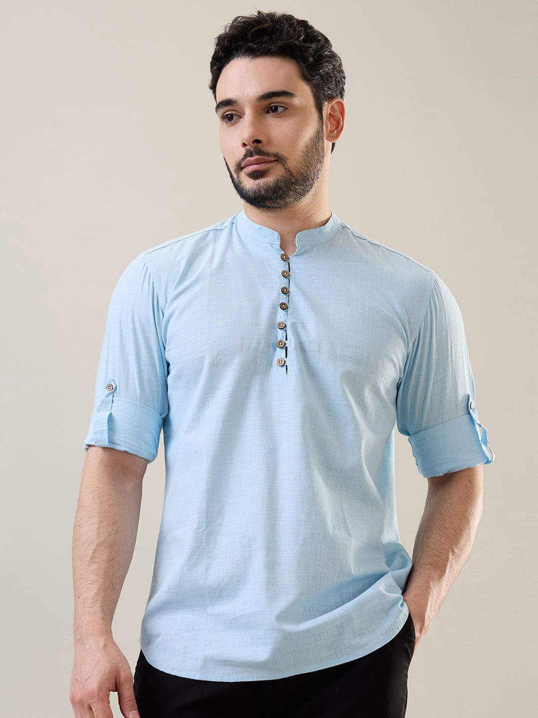 TIM PARIS Mandarin Collar Roll-Up Sleeves Pure Cotton Shirt