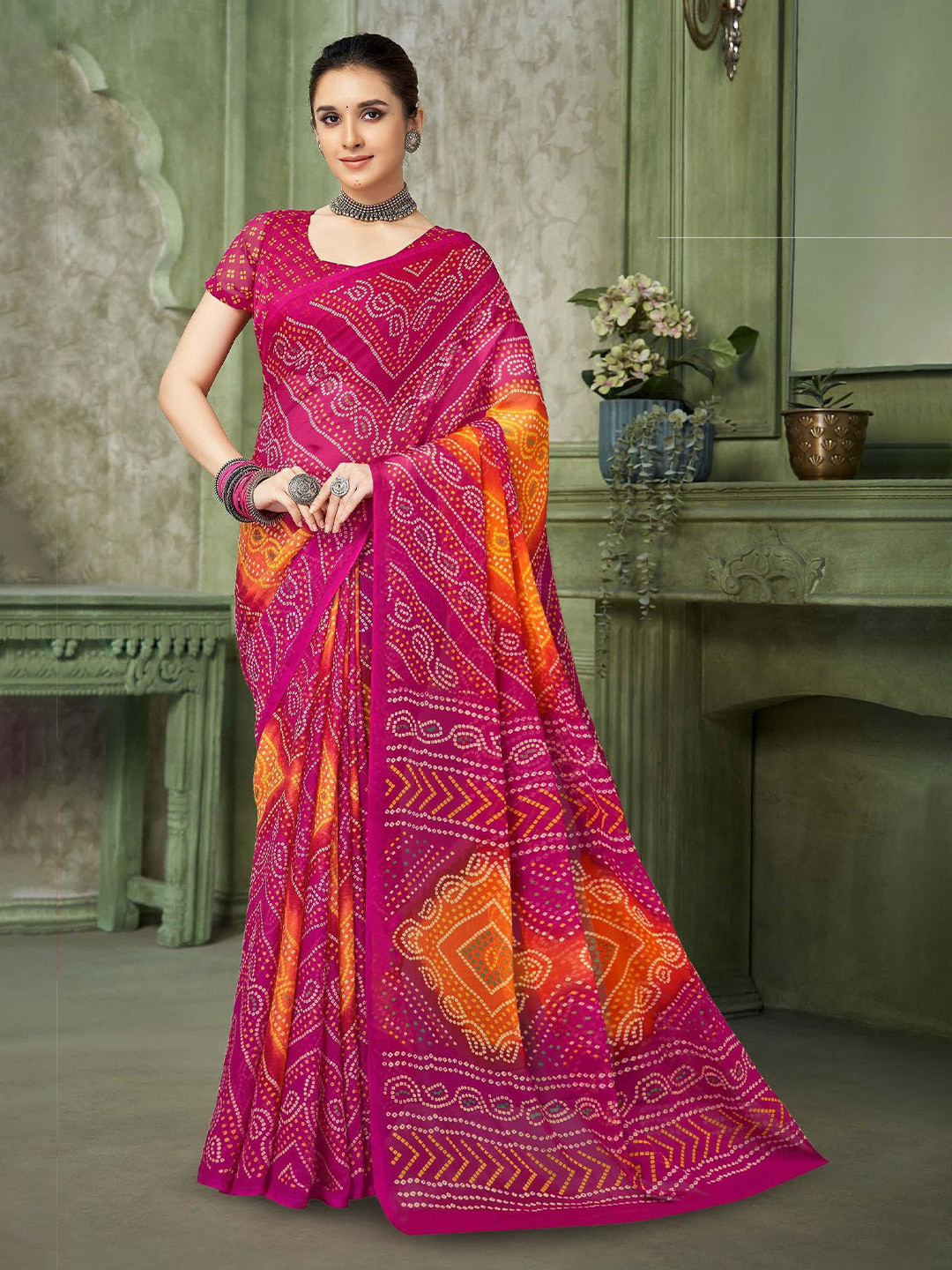 THE FASHION ATTIRE Pink Geometric Print Bandhani Chiffon Saree
