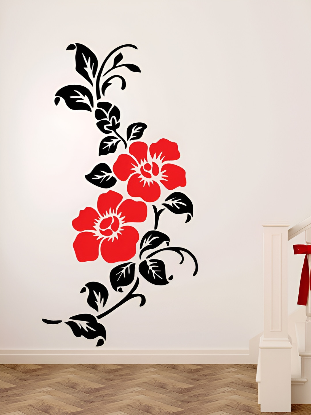 LANSTICK Red & Black Flower Design Printed Self-Adhesive WallStickers