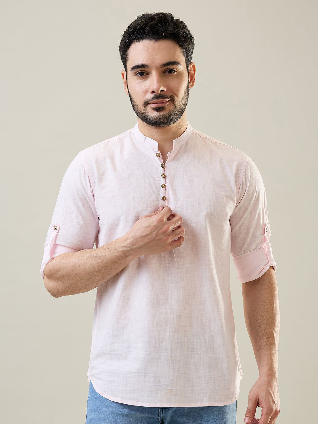 TIM PARIS Regular Fit Mandarin Collar Cotton Casual Shirt