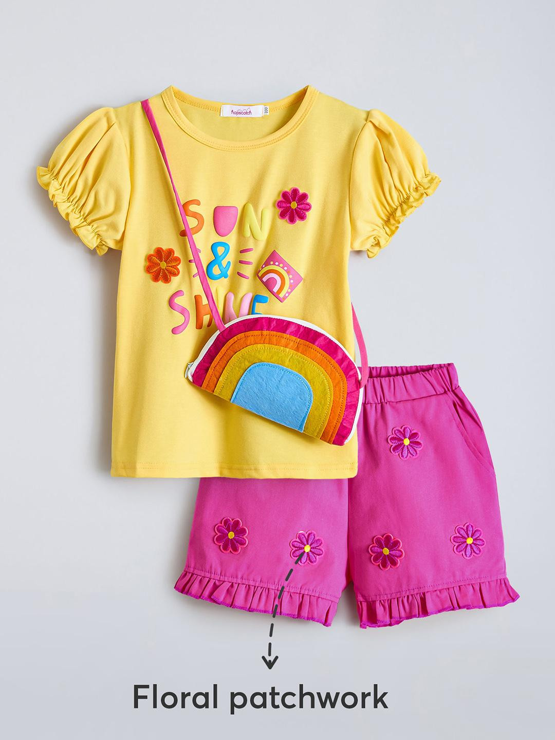 2-Piece Text Print Blouse and Shorts with Handbag