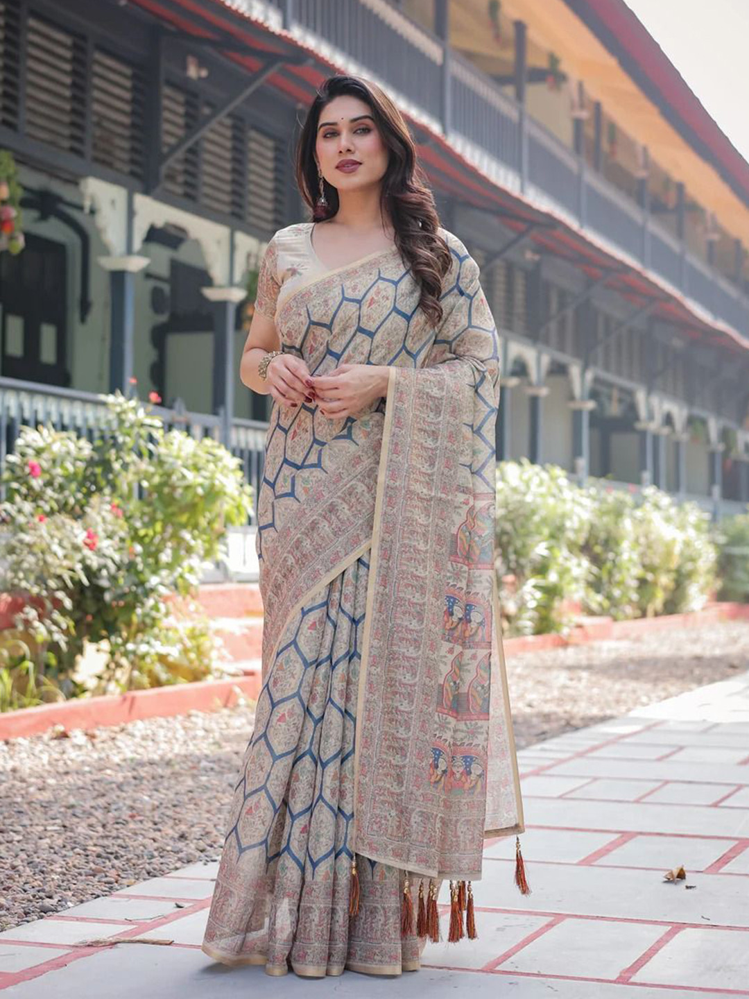 OCTICS Kalmkari Printed Pure Cotton Chanderi Saree