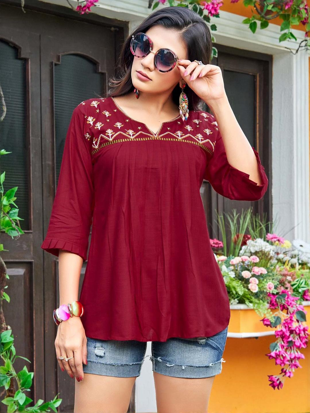 RR SA KURTIS Maroon embroidery regular women top