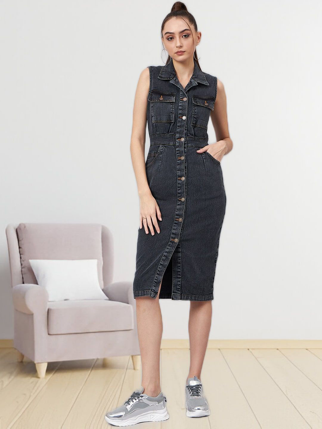 R.Code by The Roadster Life Co. Women Front Button Midi Bodycon Dress