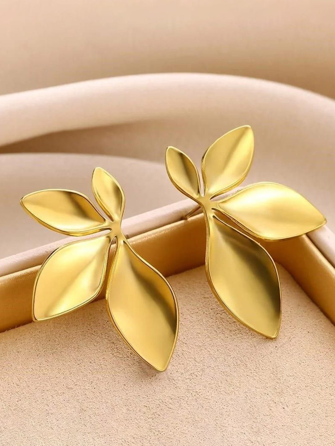 Jewelfy Stainless Steel Gold-Plated Leaf Shaped Studs