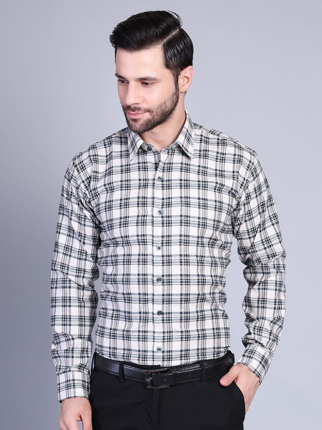 SWAZ Men Green Cream Slim Fit Check Cotton Formal Shirt