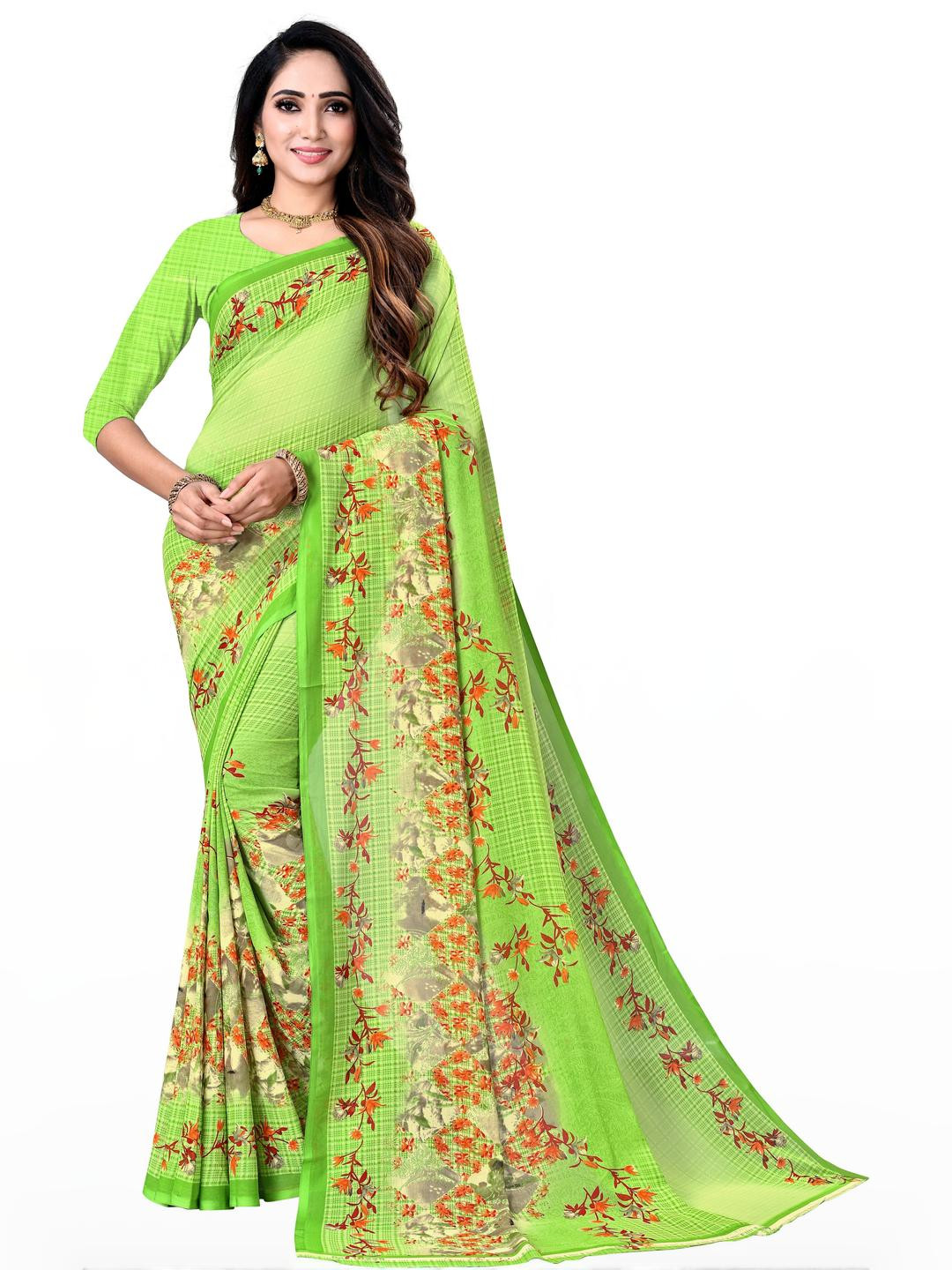 KANOODA Green Floral Printed Saree