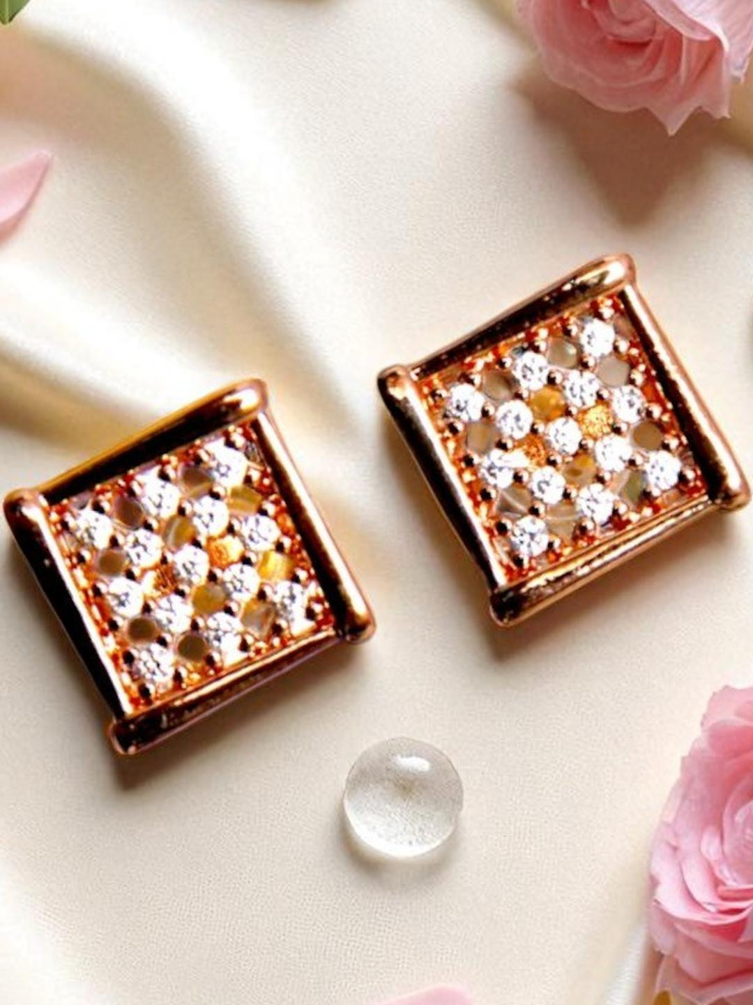 AccessHer Gold Plated American Diamond Square-shaped Stud Earrings