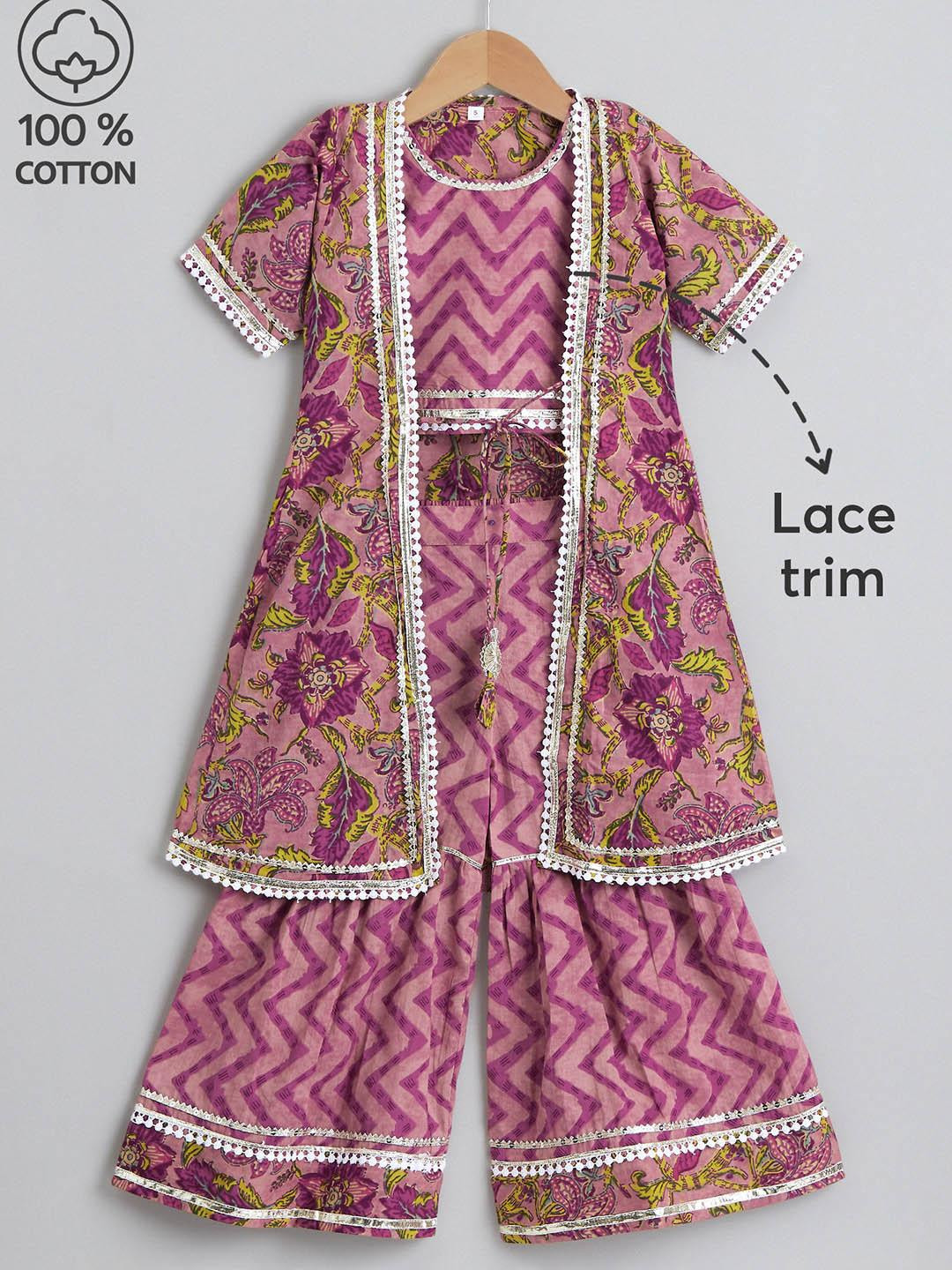 Hopscotch Girls Lace Adorn Chevron Top With Sharara & Jacket