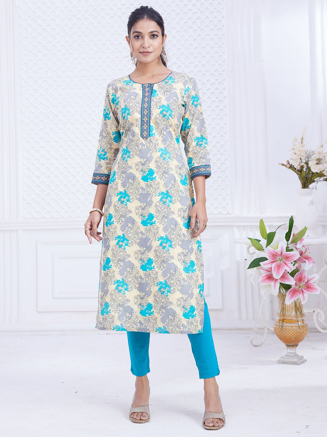 Jevi Prints Women Floral Printed Calf Length Regular Straight Kurta