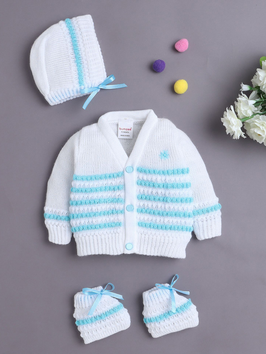 BUMZEE Infant Boys Striped 3-Pcs Sweater With Cap & Socks Baby Apparel Gift Set