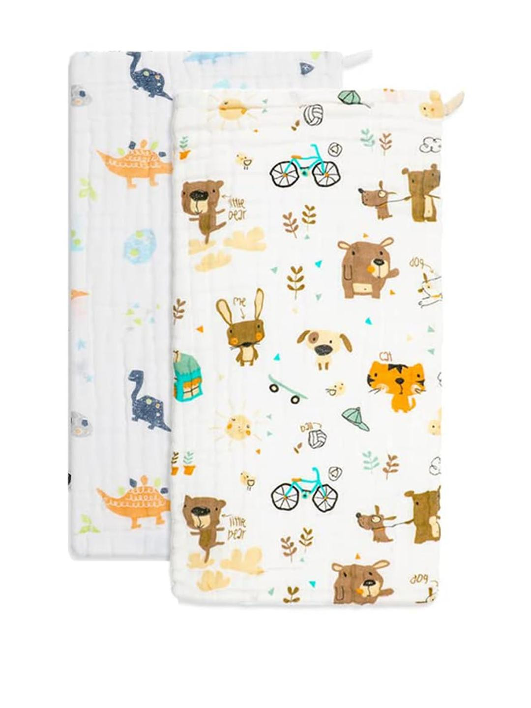 Teri Beri Kids White Pack of 2 Printed Baby Muslin Burp Cloths