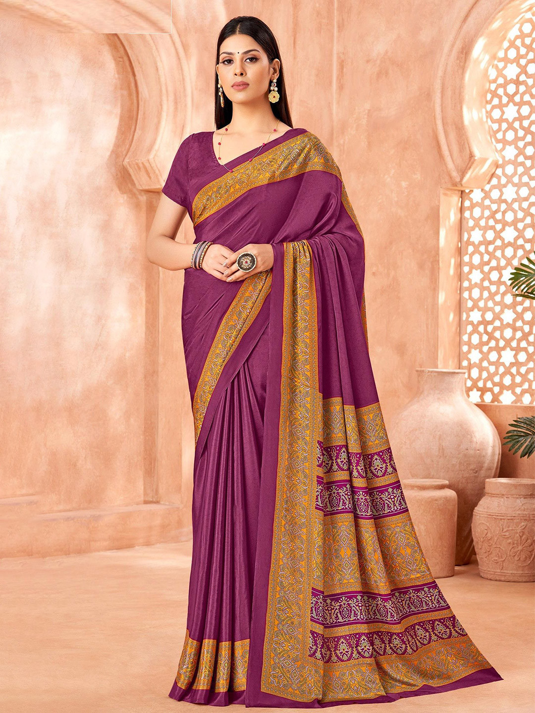 THE FASHION ATTIRE Purple Embellished Bollywood Crepe Silk Blend Saree