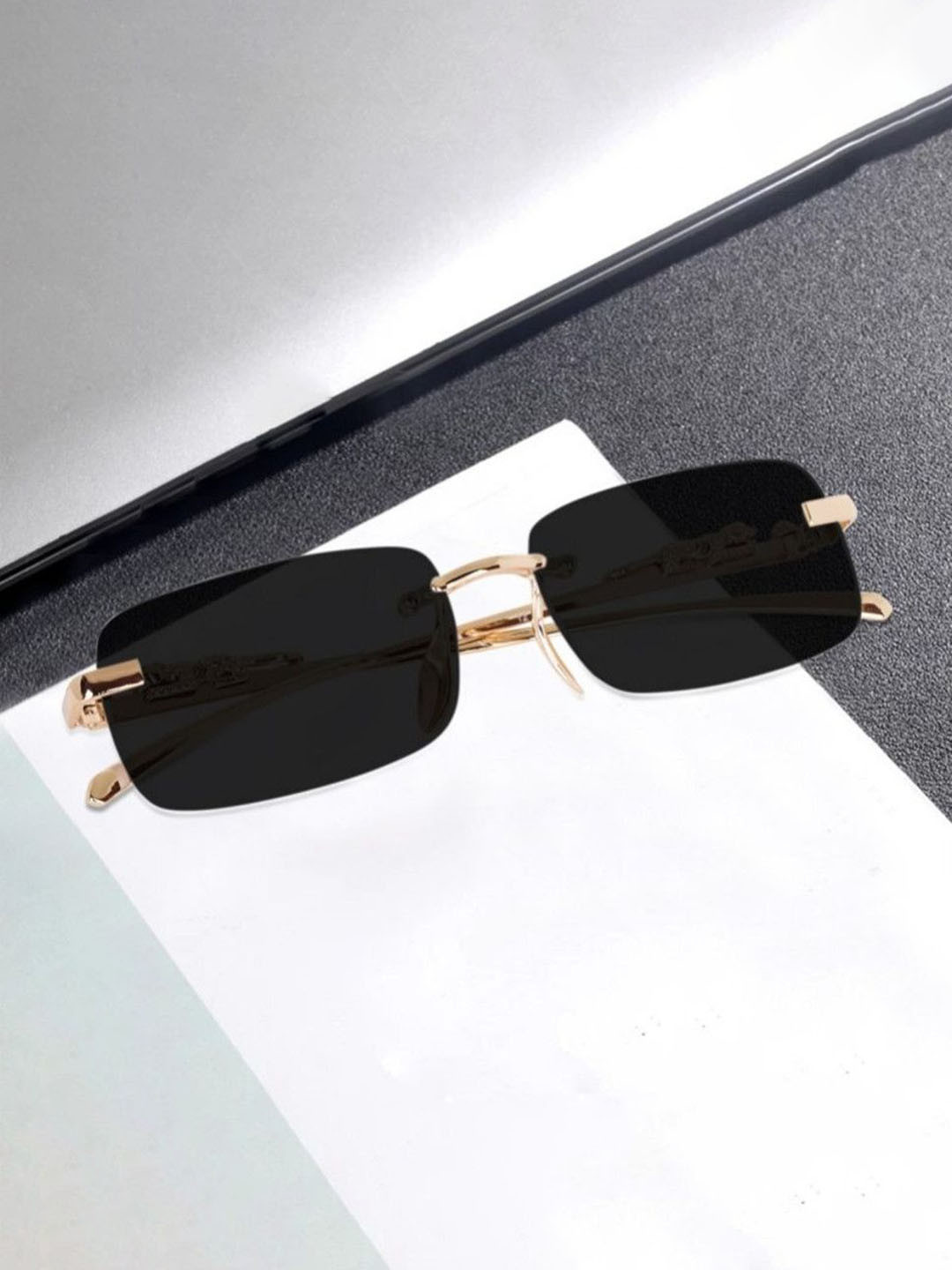 SPADEACES Unisex Rimless Rectangle Sunglasses with UV Protected Lens kARAN GOLD BLACK -12