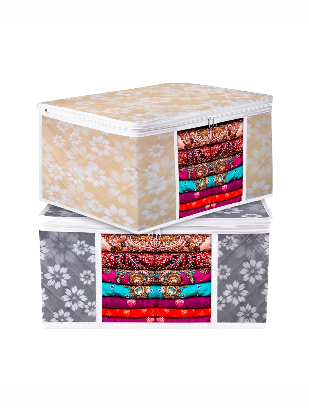 Aura Grey & White 2 Pieces Regular Flower Quilted Saree Storage Bags
