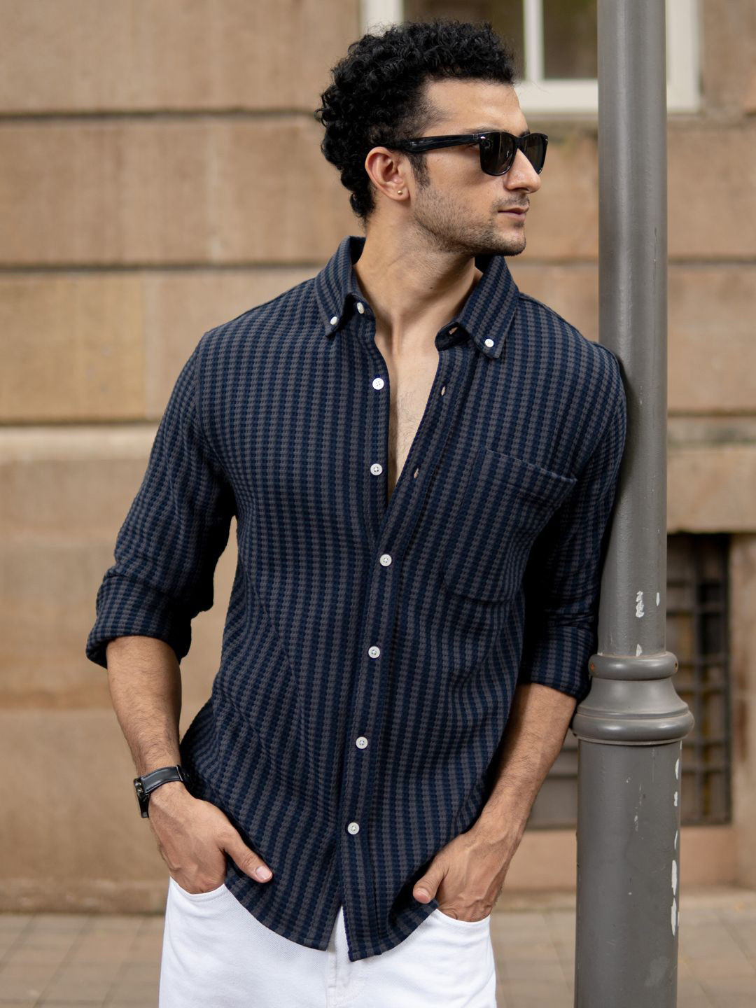 Powerlook SS25 Structured Knit Vertical Striped Casual Shirt