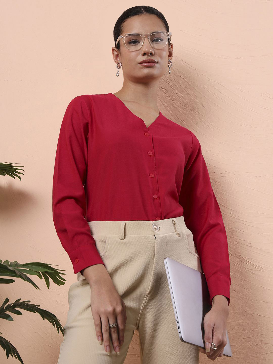 FITHUB Regular Fit Linen V-Neck Formal Shirt