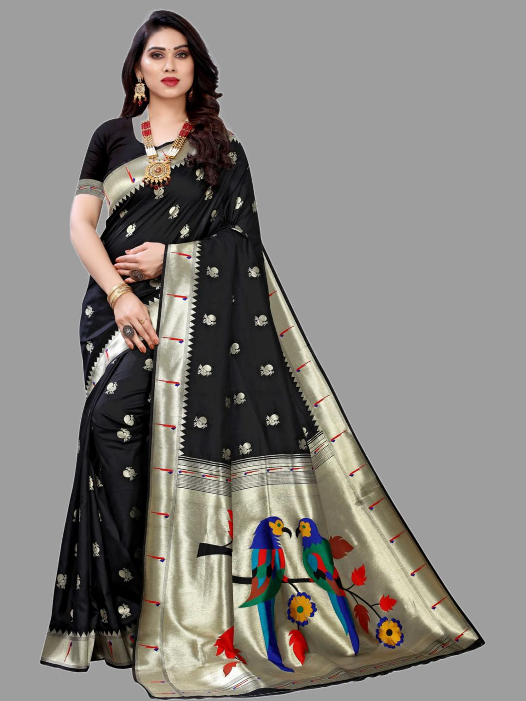 Black Paithani Woven Design Saree And Has a Zari Border Blouse Piece
