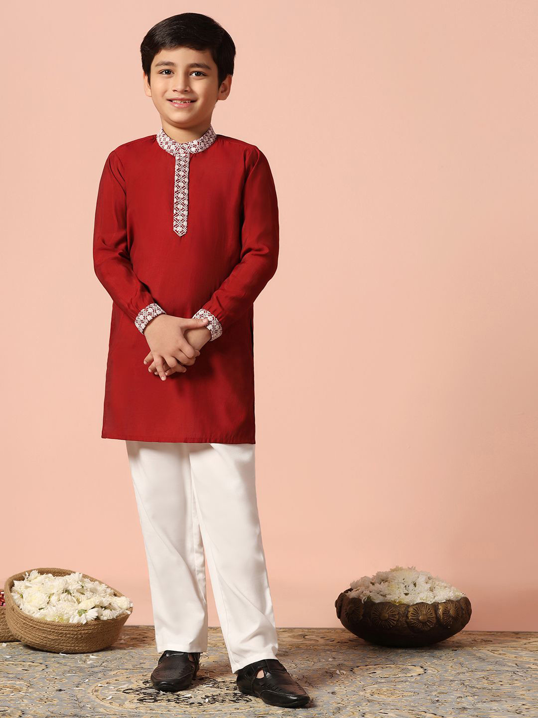 FASHION DREAM Boys Yoke Design Mandarin Collar Neck Kurta With Pyjamas