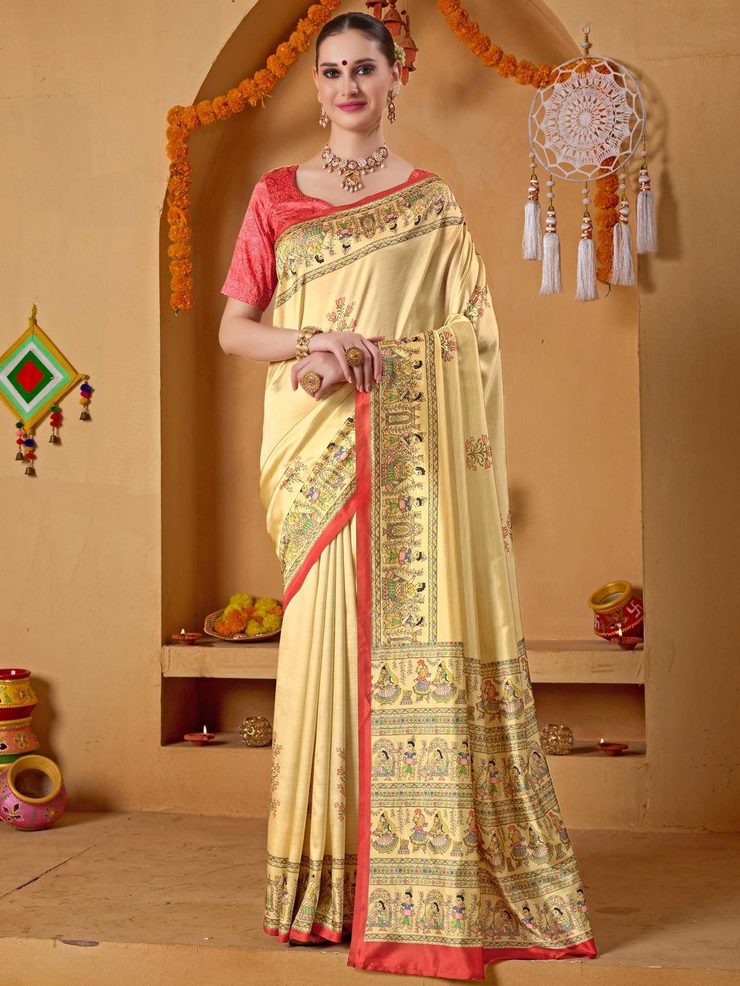 RACHNA Cream Colored Kalamkari Border Printed Art Silk Saree