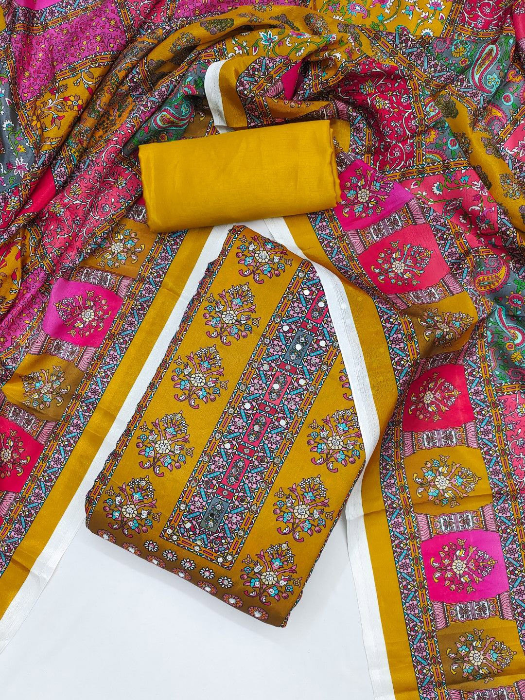 Nayanthara Trends Floral Printed Mirror Work Unstitched Dress Material