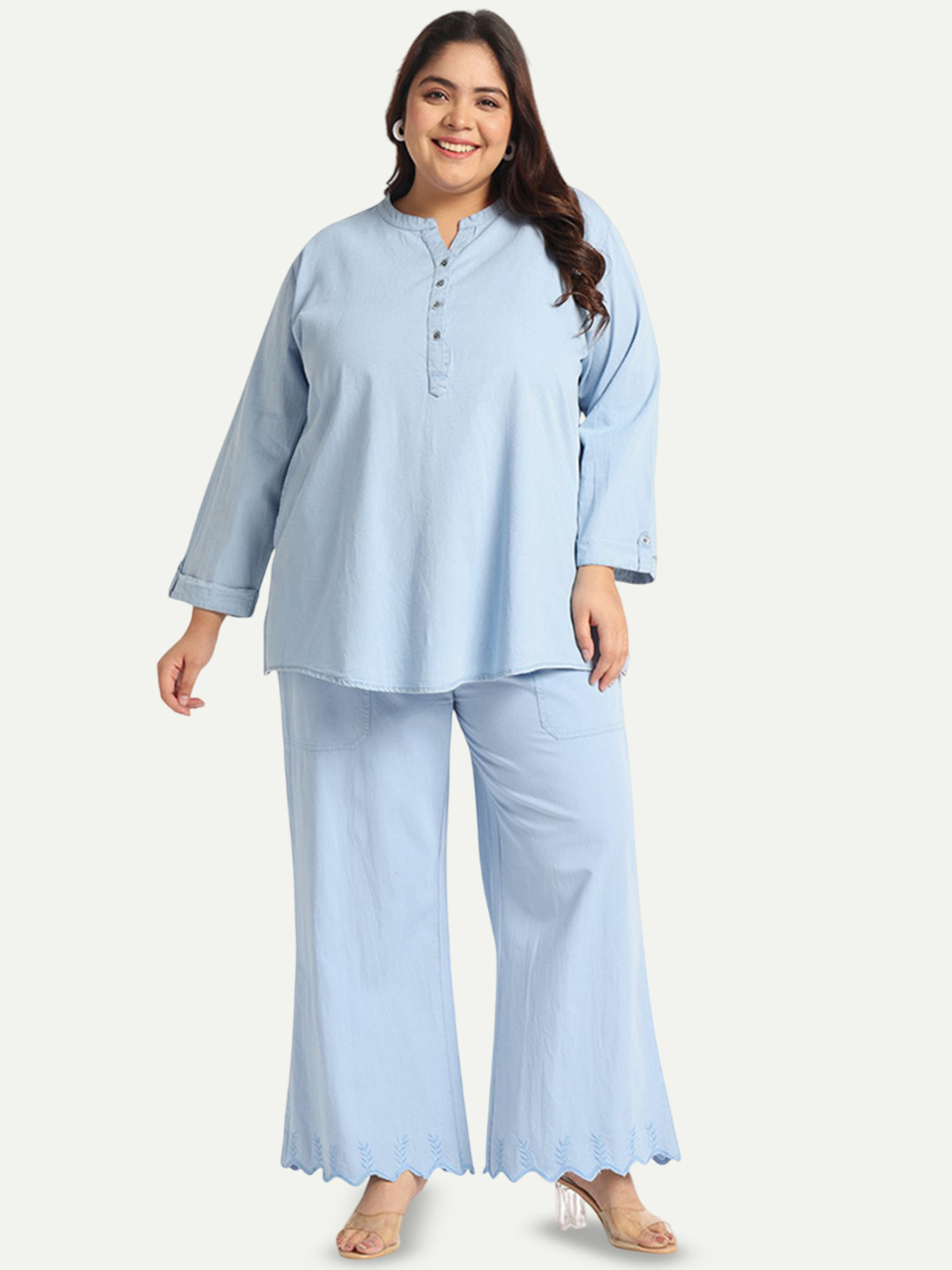 GlamZei Plus Size Mandarin Collar Cotton Denim Tunic With Palazzo