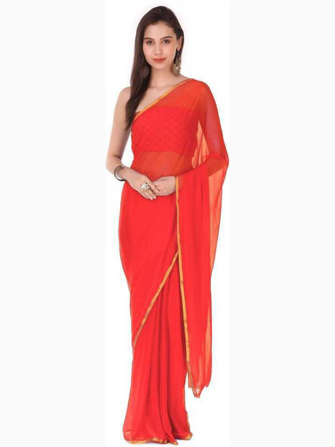 THE FASHION ATTIRE Red Solid/Plain Daily Wear Chiffon Saree