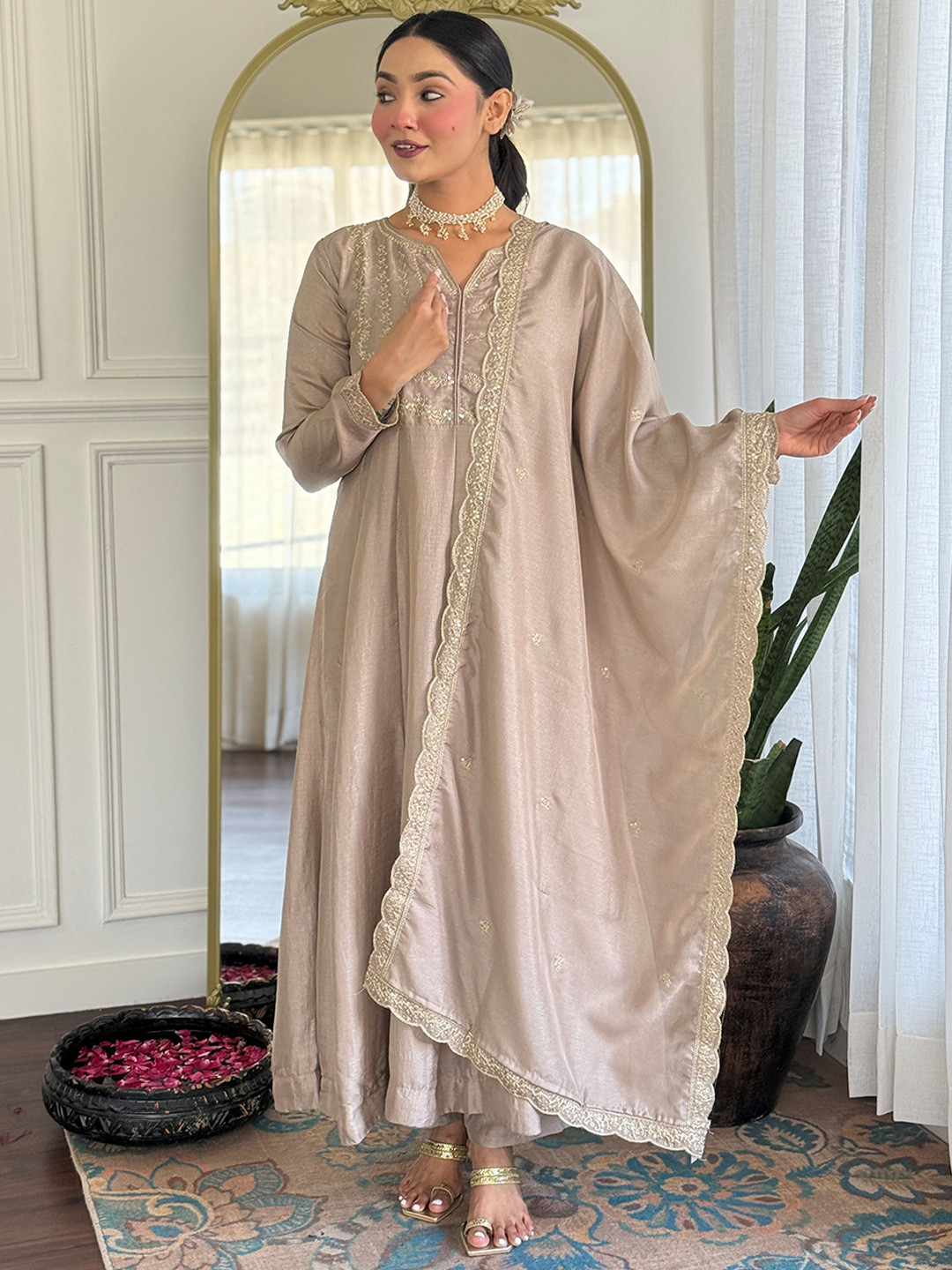 Brand Hill Women Solid Embroidered A-Line Kurta with Trousers & Dupatta