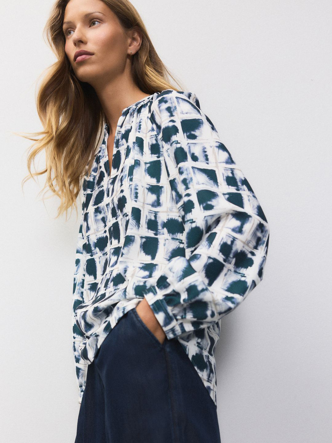 NEXT Abstract Printed Cuffed Sleeves Mandarin Collar Top