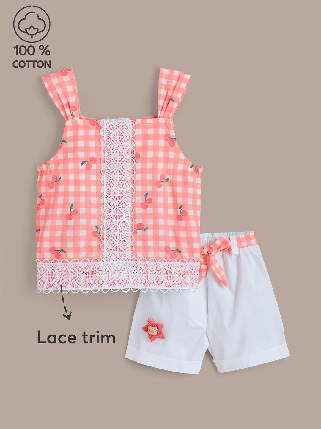 Hopscotch Girls Checkered Lace Detail Blouse With Shorts