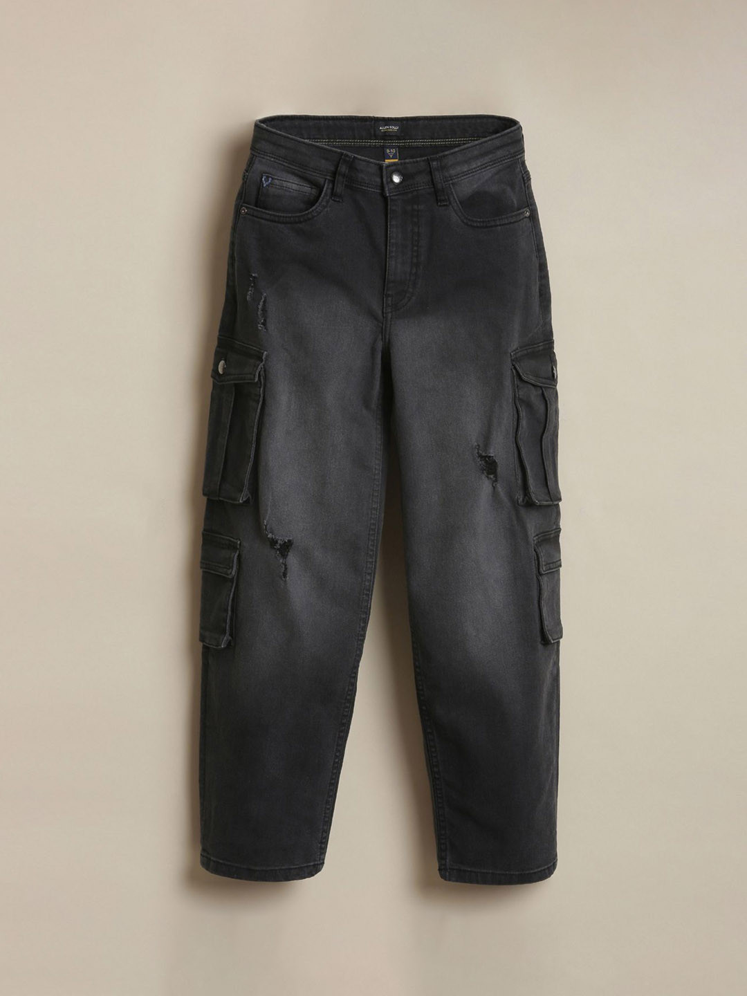 Allen Solly Junior Boys Relaxed Fit Mid-Rise Low Distress Light Fade Cargo Styles Jeans