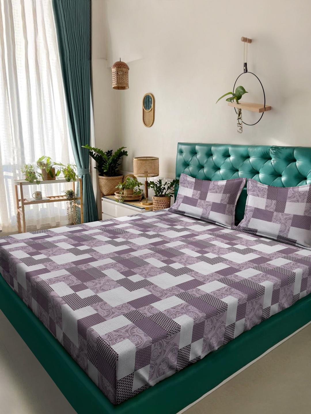 Klotthe Purple Geometric 400 TC Pure Cotton Double Bedsheet in Book Fold Packing
