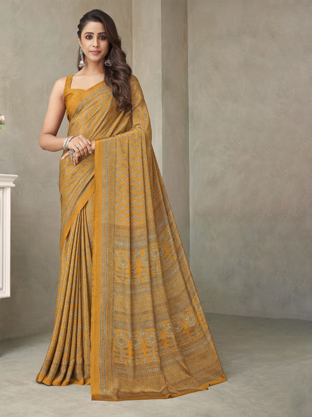 THE FASHION ATTIRE Mustard Floral Print Daily Wear Crepe Silk Blend Saree