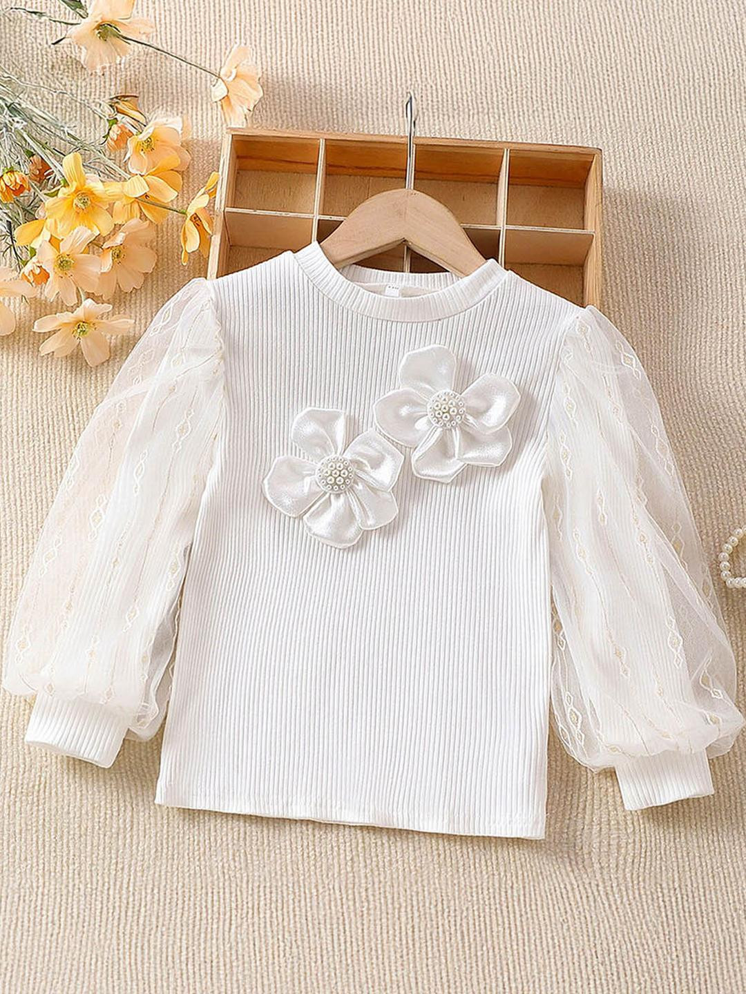Hopscotch Kids Girls White Floral Bishop Sleeves Top