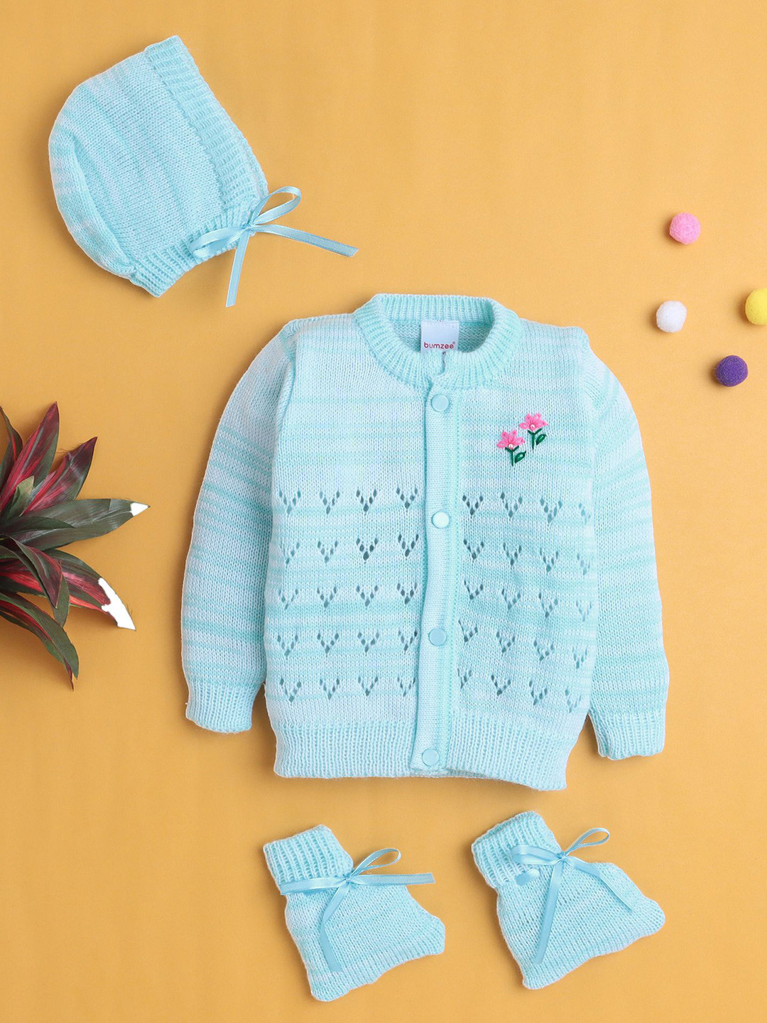 BUMZEE Boys Cable Knit Front-Open Sweater With Cap & Socks