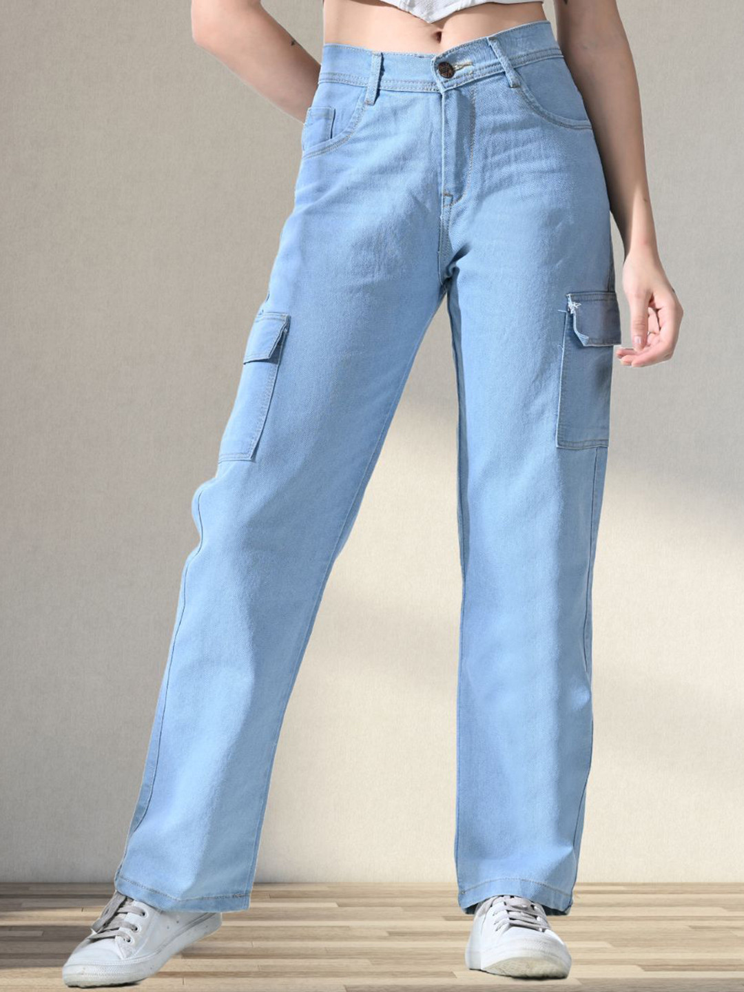 Mevan Women Classic Boyfriend Fit Mid-Rise Cotton Denim Stretchable Cargo Jeans