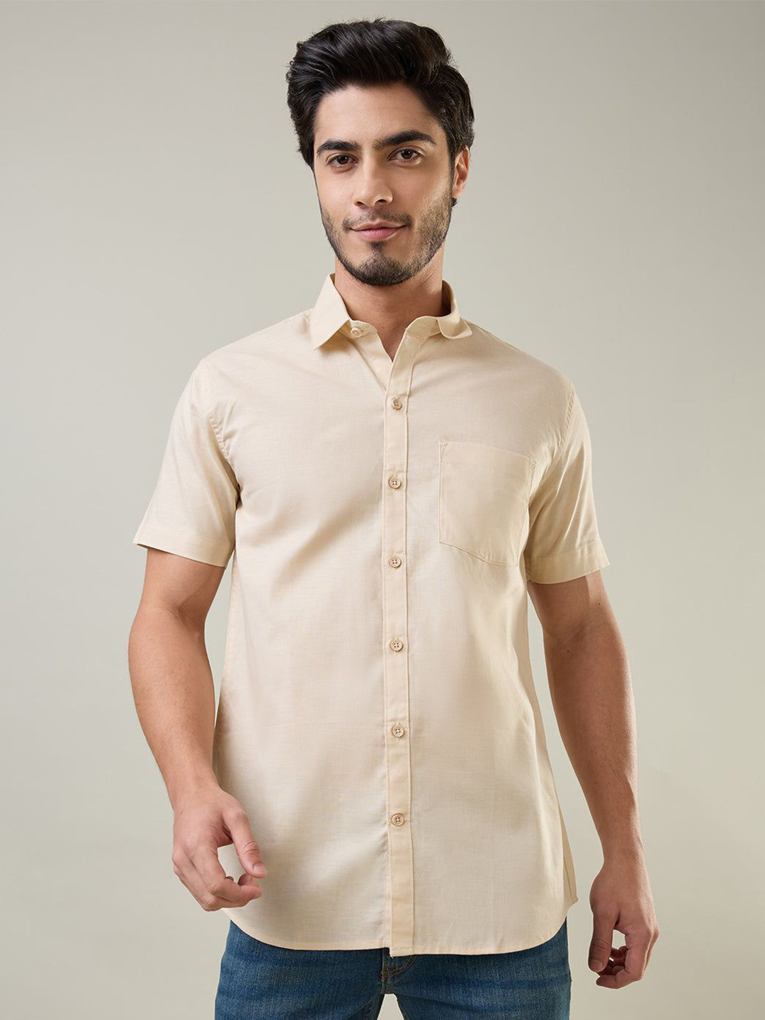 TIM PARIS Standard Spread Collar Cotton Linen Casual Shirt