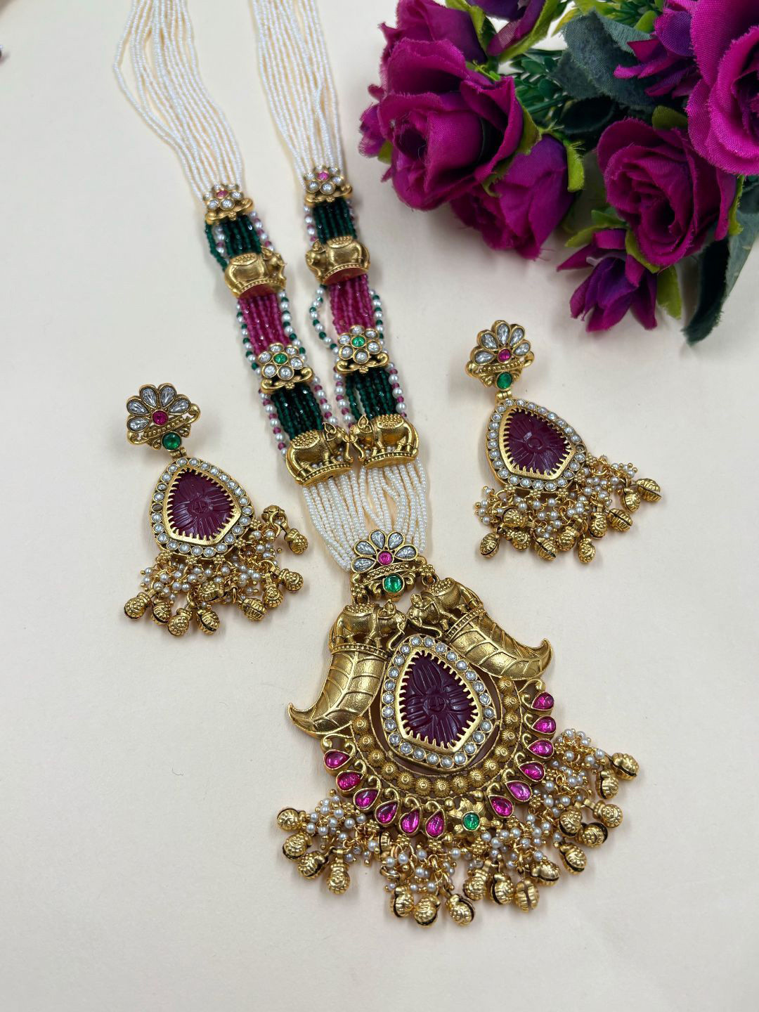Gehna By Beadazzled Gold-Plated Stones Studded & Beaded Long Antique Jewellery Set
