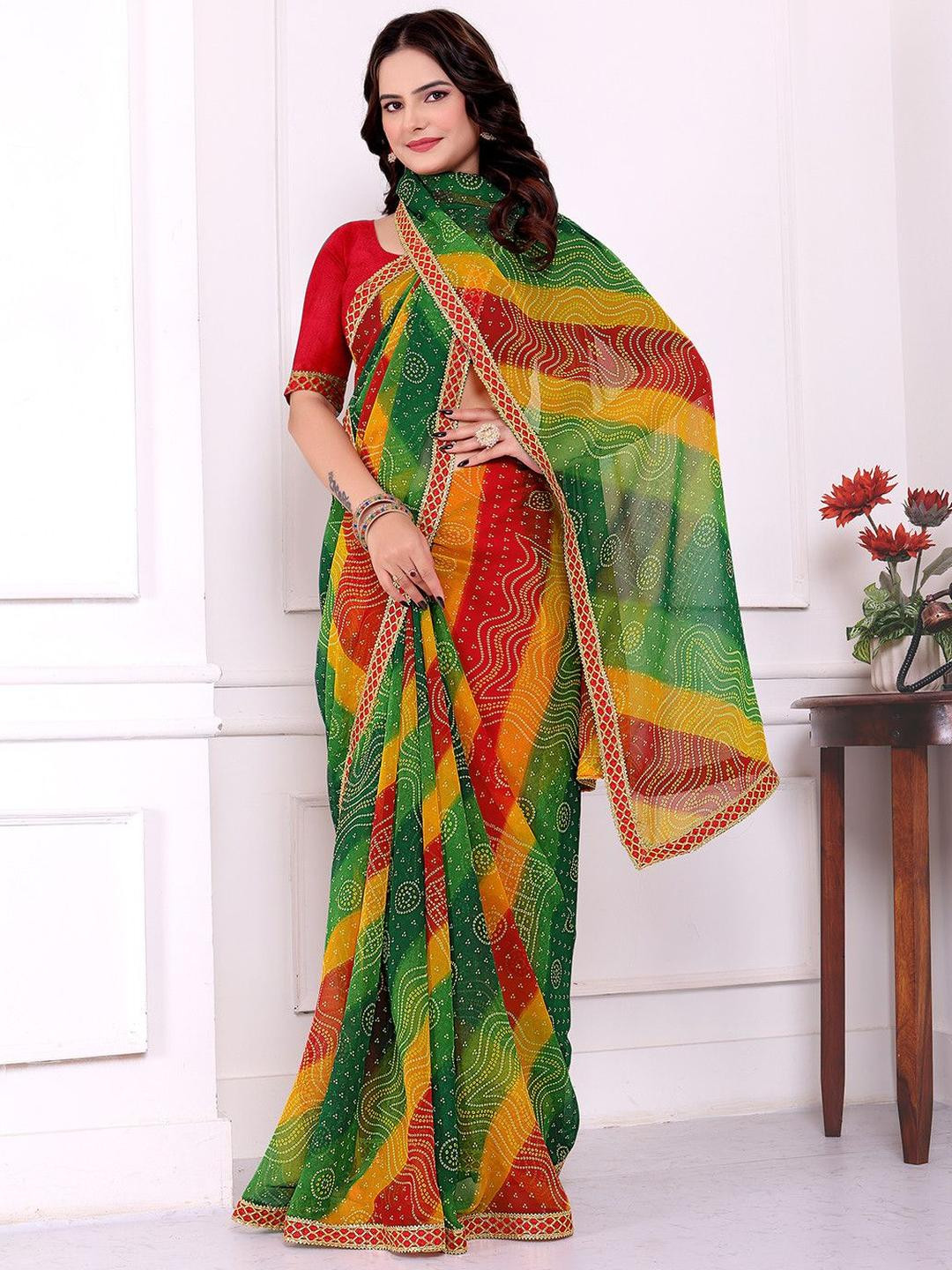 KANOODA Green Anmi Printed Pure Georgette Bandhani Saree