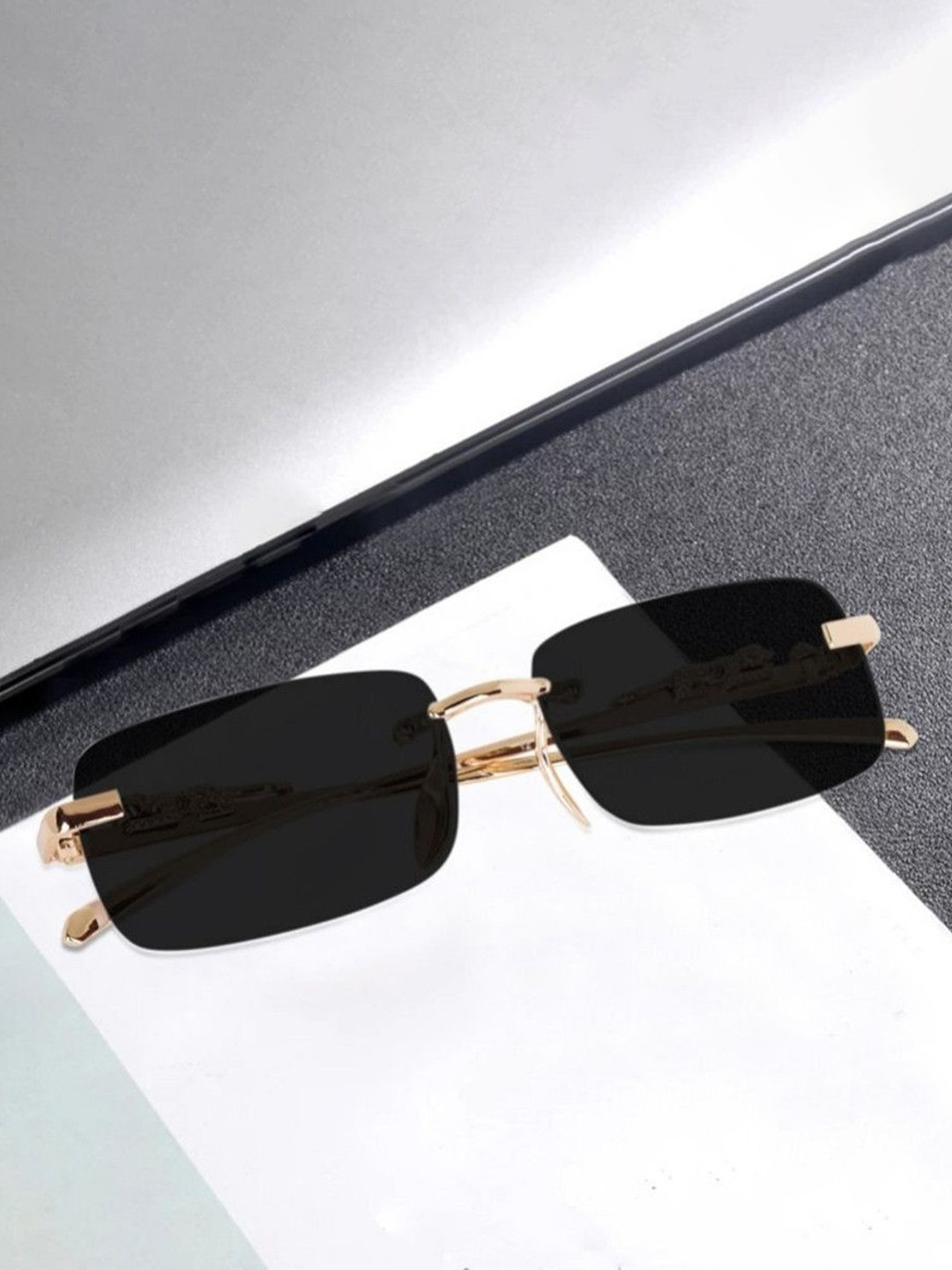 SPADEACES Kids Rimless UV Protected Rectangle Sunglasses kARAN GOLD BLACK -09