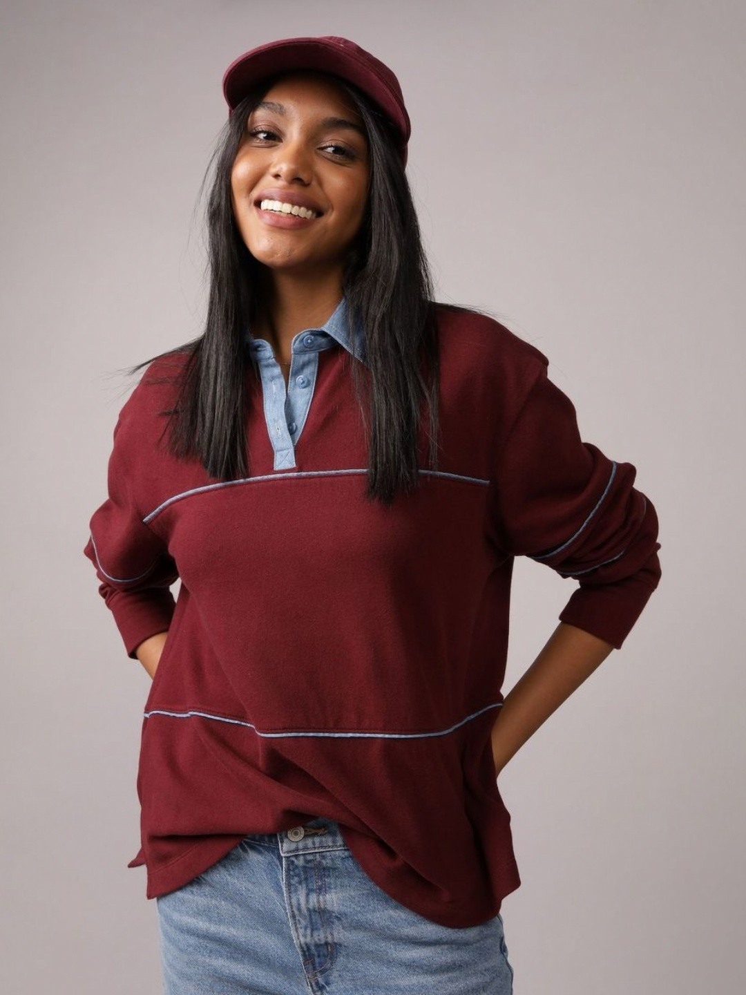 AMERICAN EAGLE OUTFITTERS Polo Collar Drop-Shoulder Sleeves Pure Cotton Oversized T-shirt