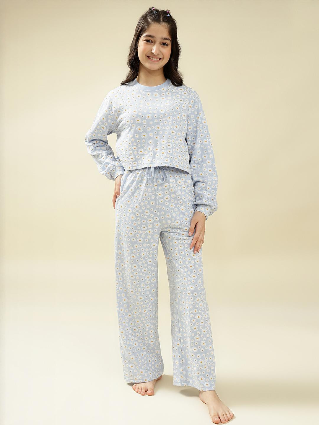 Lil Tomatoes Girls Blue Printed Night suit