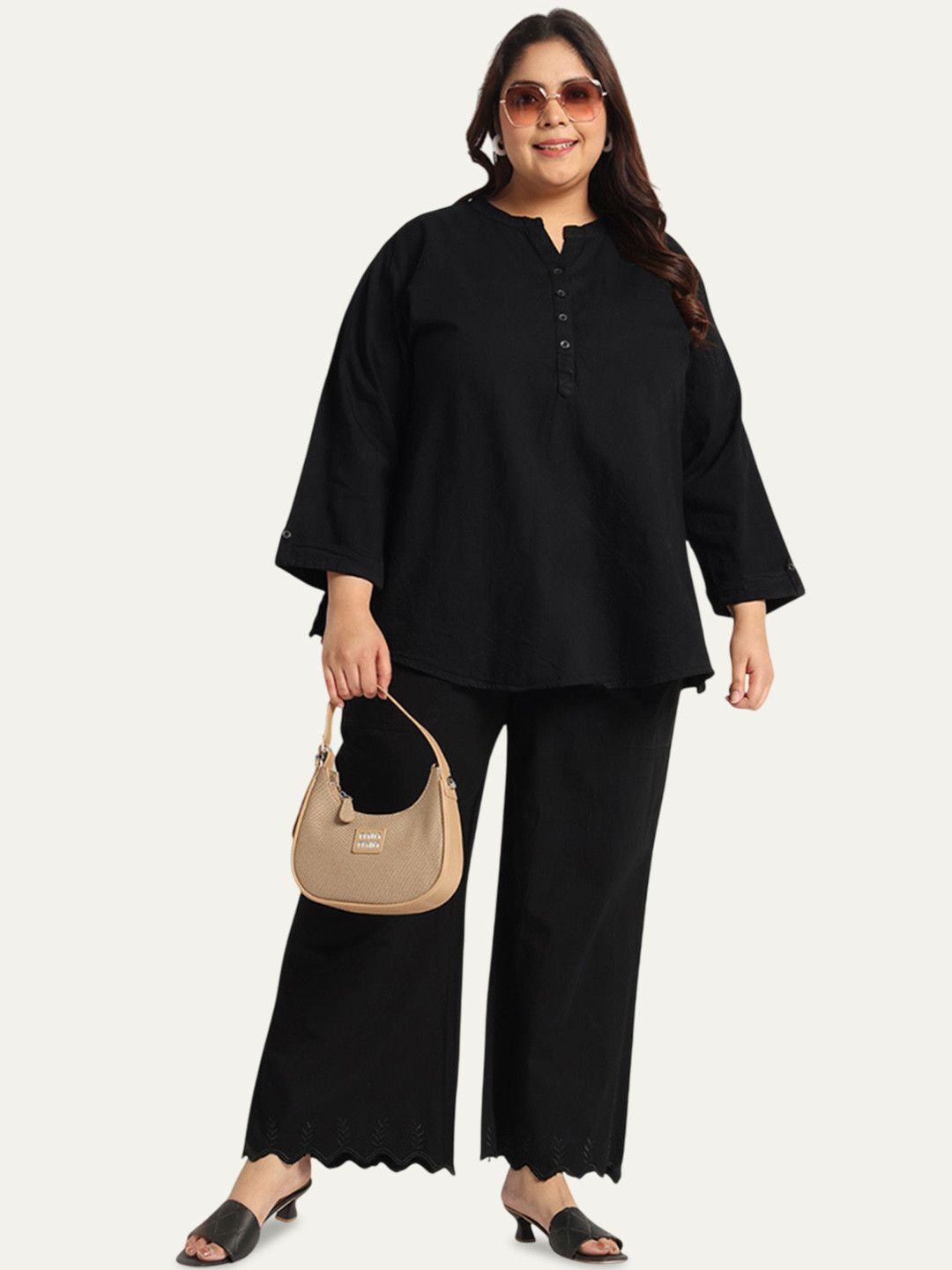 GlamZei Plus Size Mandarin Collar Cotton Denim Tunic With Palazzo
