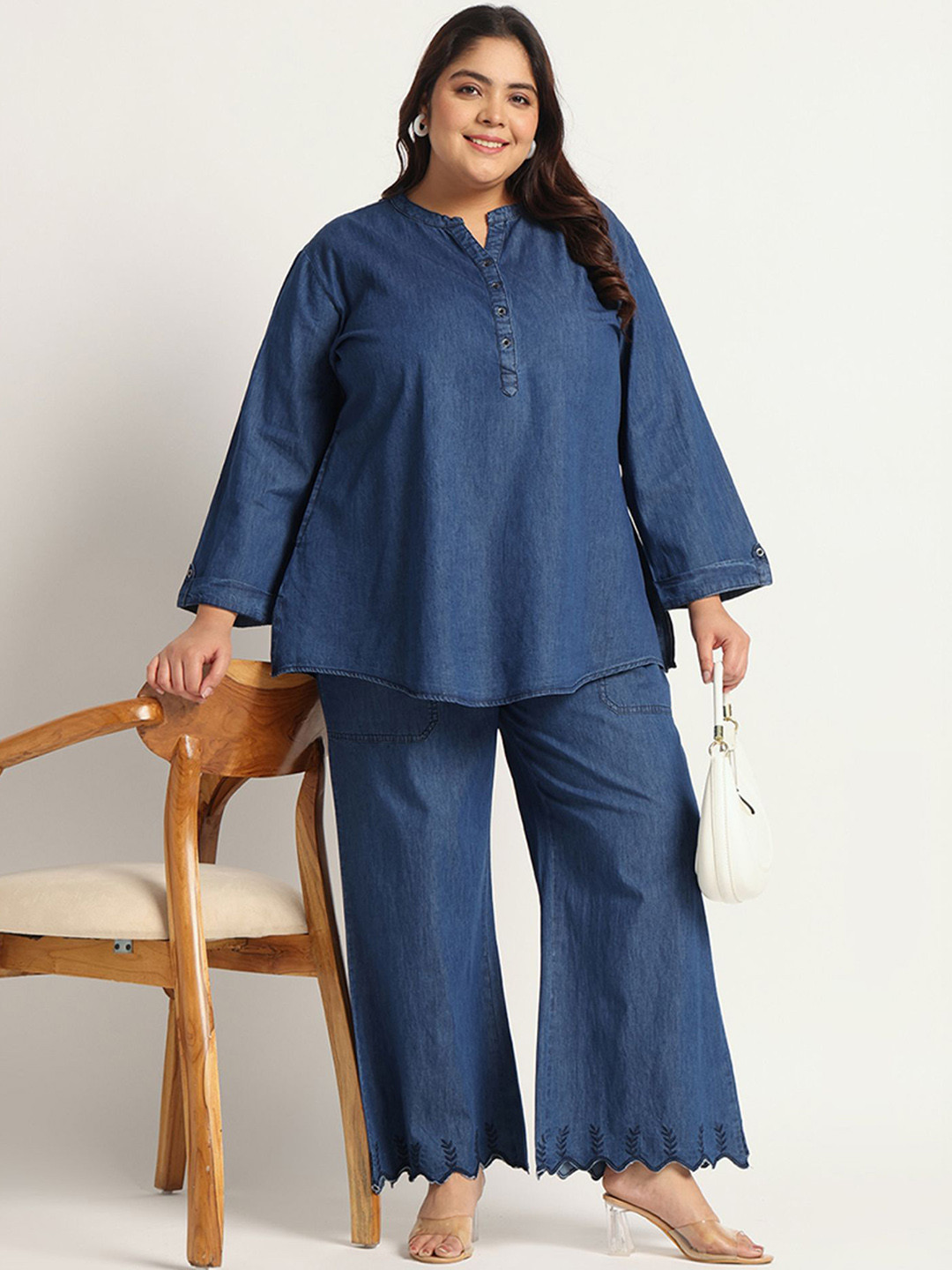 GlamZei Plus Size Mandarin Collar Cotton Denim Tunic With Palazzo