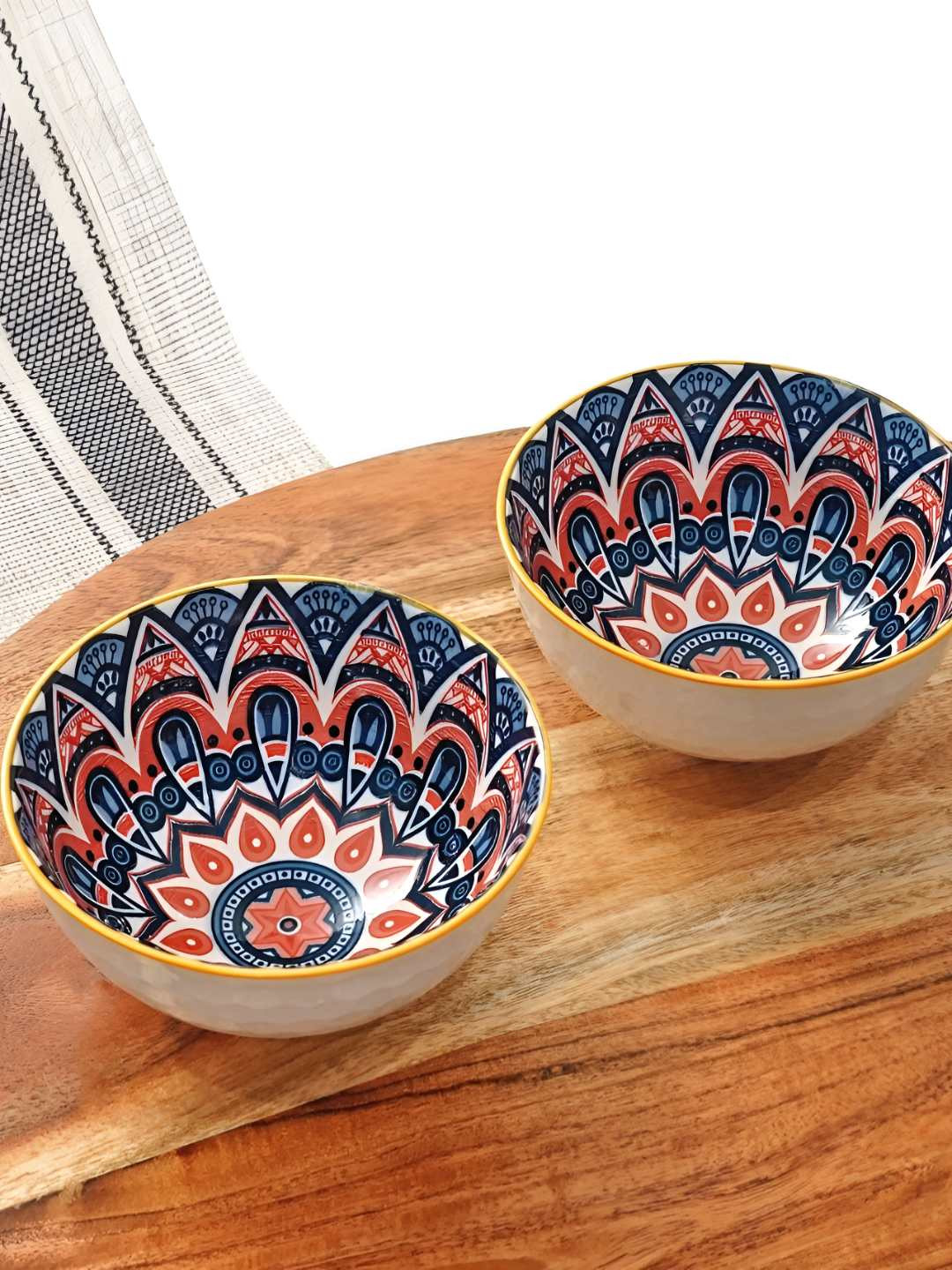 Femora White & Blue 2 Pieces Printed Procelain Glossy Bowls