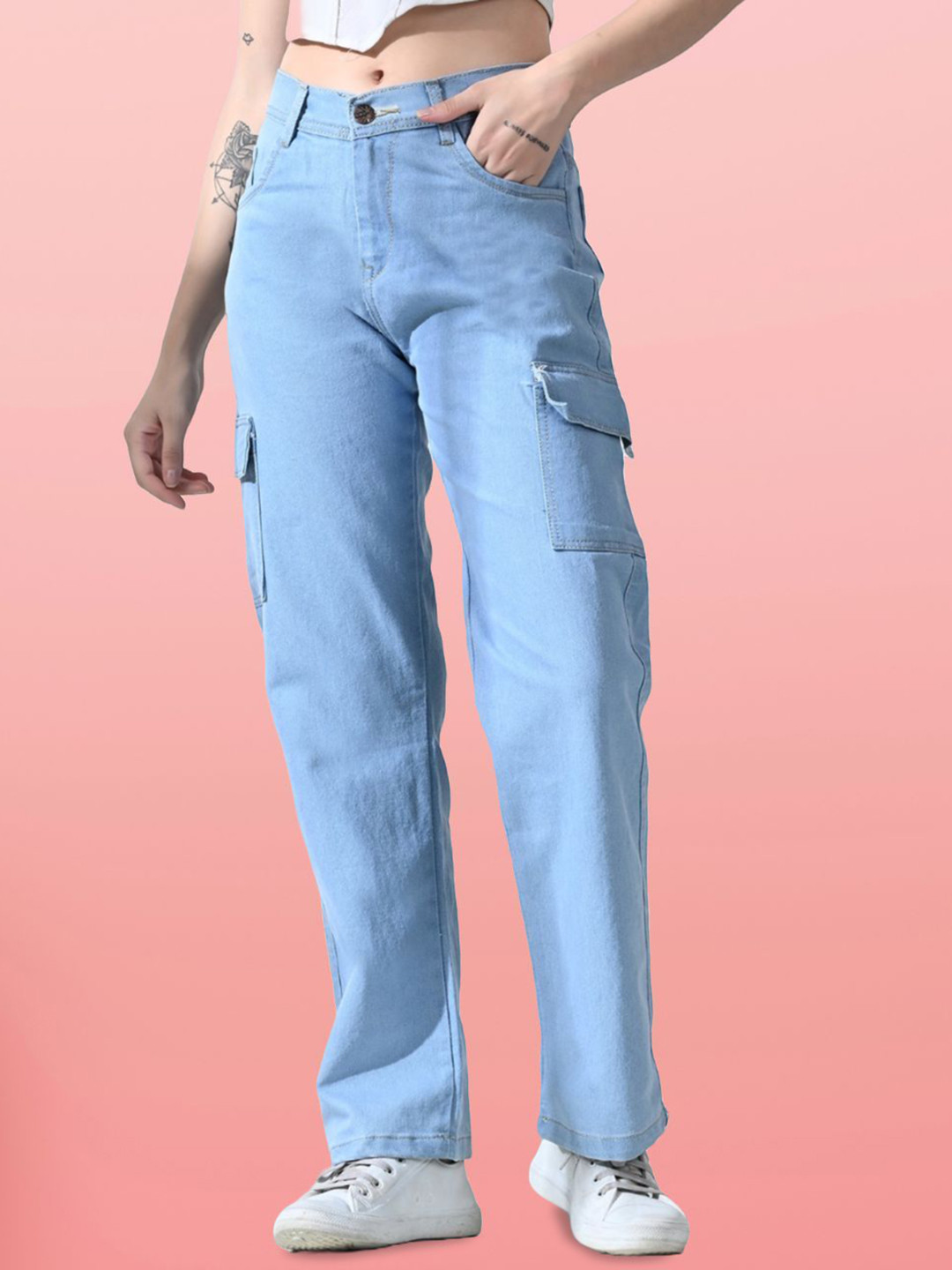 Mevan Women Classic Boyfriend Fit Mid-Rise Cargo Styles Stretchable Denim Jeans